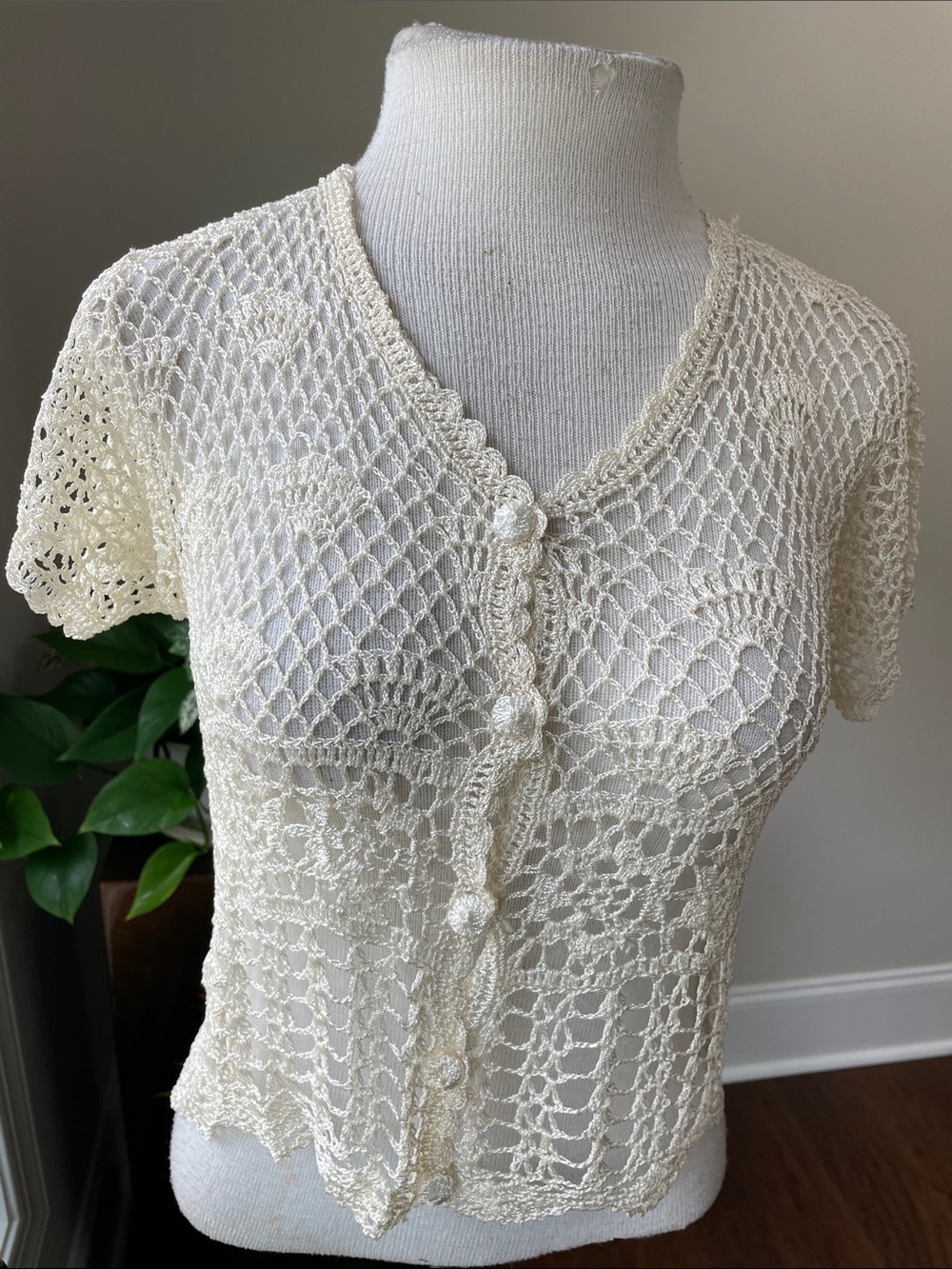 Hand Crafted Cream Crochet Button-Front Short Sleeve Top